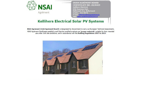 NSAI Solar PV System certification for Kellihers Electrical